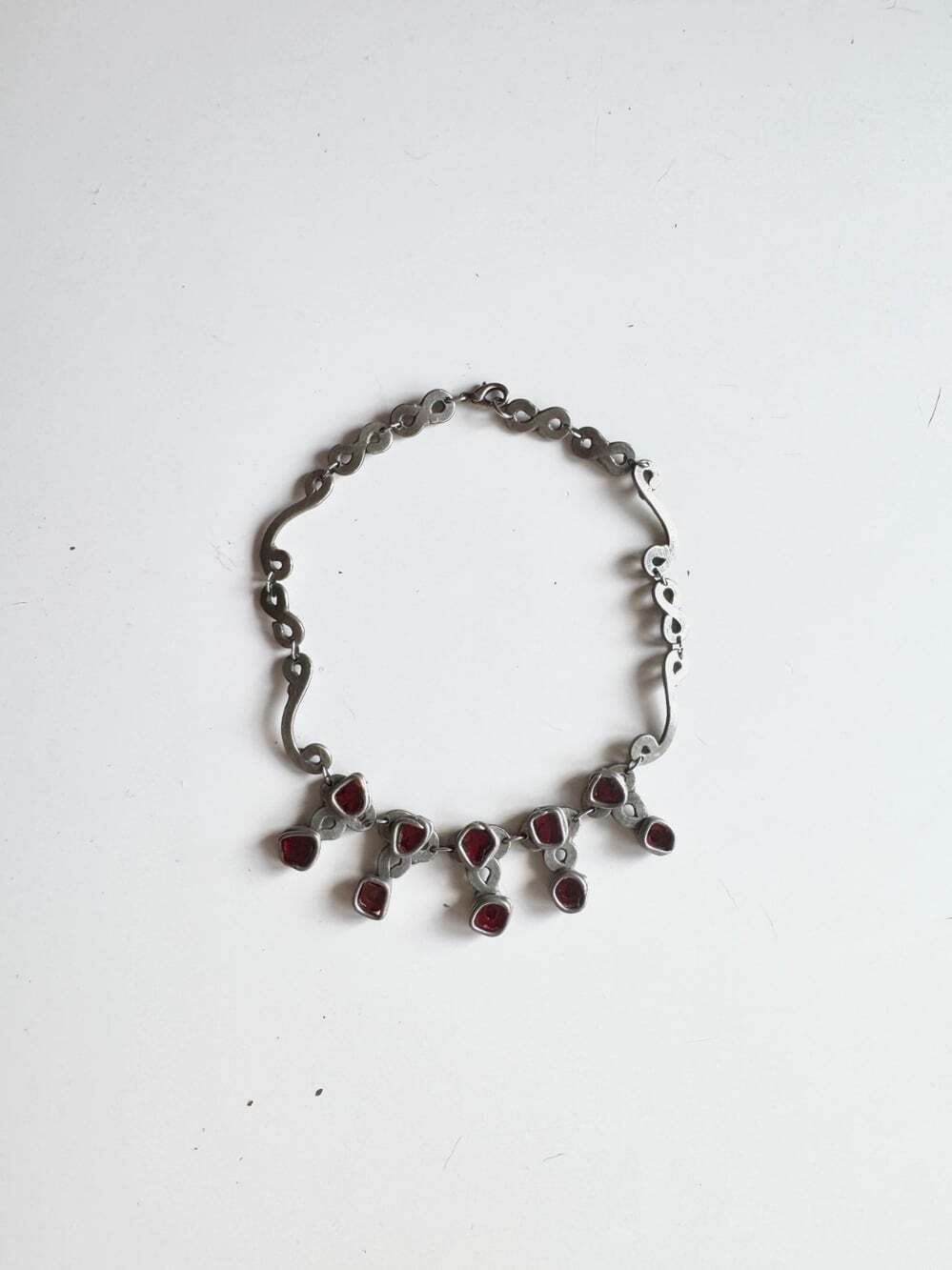 Handmade Brutalist Oxidized Silver Tone Metal Red Glass Choker Necklace